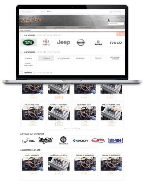 Page Shop, partie e-commerce du site présentant des articles spécialisés de models de 4x4 à acheter.